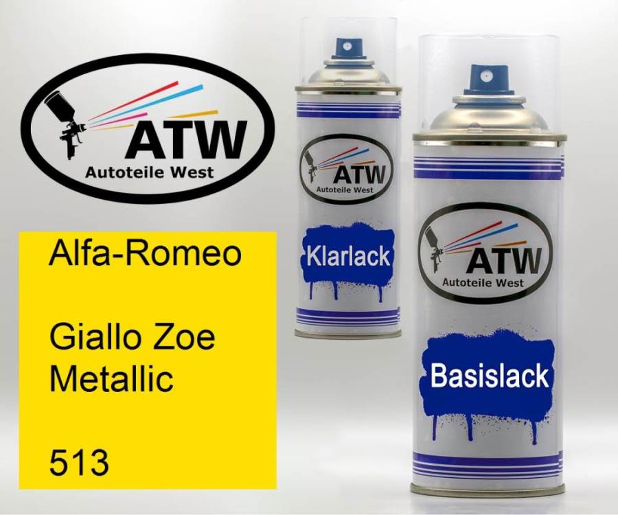 Alfa-Romeo, Giallo Zoe Metallic, 513: 400ml Sprühdose + 400ml Klarlack - Set, von ATW Autoteile West.